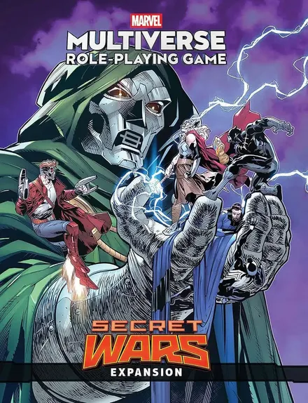 Doctor Doom holding energy, with Rocket Raccoon, Thor, Black Panther, and others. Text: SECRET WARS.