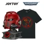Red Space Marine helmet on stand, black t-shirt with Blood Angels logo, JOYTOY and WARHAMMER 40,000 text.