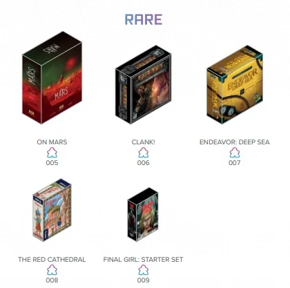 Five miniature board game boxes arranged in two rows. Top row: "ON MARS" (red box with a spaceship on a red planet), "CLANK!" (black box with a dragon and treasure), "ENDEAVOR: DEEP SEA" (gold box with a globe and sea creatures). Bottom row: "THE RED CATHEDRAL" (light blue box with a cathedral illustration), "FINAL GIRL: STARTER SET" (black box with a woman holding a weapon). Each box has a small purple icon and a number below: 005, 006, 007, 008, 009. The word "RARE" is displayed at the top in purple.