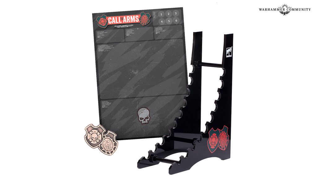 A black game organizer stand designed to hold miniatures, featuring a sleek, modern design with cutouts for easy access. Next to it is a game board titled 