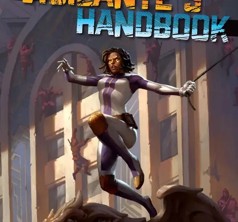 A superhero in a blue and purple bodysuit with a cape stands on a rooftop, holding a sword. Below, a large dark creature with horns and wings attacks a person in a red jacket. The background shows a dimly lit, rainy urban setting with a building facade.