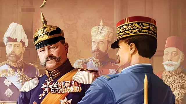 A dramatic illustration features two military leaders engaged in a tense negotiation, with one in a black and gold uniform and the other in a blue uniform, holding a sword. In the background, several other historical figures in ornate attire observe the interaction, hinting at the political intrigue of the era. The title "Diplomacy: The Golden Blade" is prominently displayed at the top, emphasizing the game's focus on strategy and alliances.