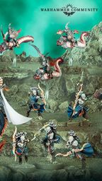 A dynamic scene showcases a variety of Idoneth Deepkin models, featuring a central figure, the Ikon of the Sea, with a flowing white banner and intricate armor, surrounded by other aelves in vibrant blue and orange hues. Several mounted warriors ride sleek sea creatures, while others stand poised with weapons, all set against a textured, rocky underwater backdrop with a greenish hue. The composition highlights the diverse range of new models, including the Akhelian Tide Guard and Namarti Reavers, emphasizing their aquatic theme and battle-ready stance.