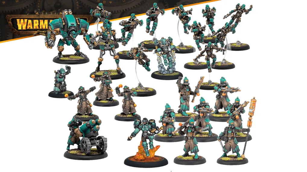 A diverse array of miniatures from the Crucible Guard expansion for Warmachine is displayed, featuring a mix of infantry and warjacks. The models are predominantly teal and brown, showcasing various characters including a heavy warjack, infantry soldiers, and combat alchemists, all set on circular bases with grassy textures. Notable elements include a warjack with a large cannon, soldiers wielding grenades, and a figure emitting flames, highlighting the faction's unique combat style and thematic elements.