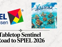 Two logos: left, a colorful geometric design with "SPIEL Essen" in blue text; right, a game cover titled "Kalypso" showing a blue ocean with floating buildings and debris. Below, the text reads "Tabletop Sentinel Road to SPIEL 2026."