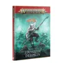 A detailed Battletome titled "Idoneth Deepkin" features a striking cover illustration of a muscular aelf warrior wielding a spear, adorned with a distinctive helmet and armor. The background depicts a tumultuous underwater scene with various aquatic creatures and additional aelves, emphasizing the high-seas theme. The title is prominently displayed at the bottom, with the Games Workshop logo at the top, set against a color palette of greens and blues, evoking a sense of oceanic adventure.