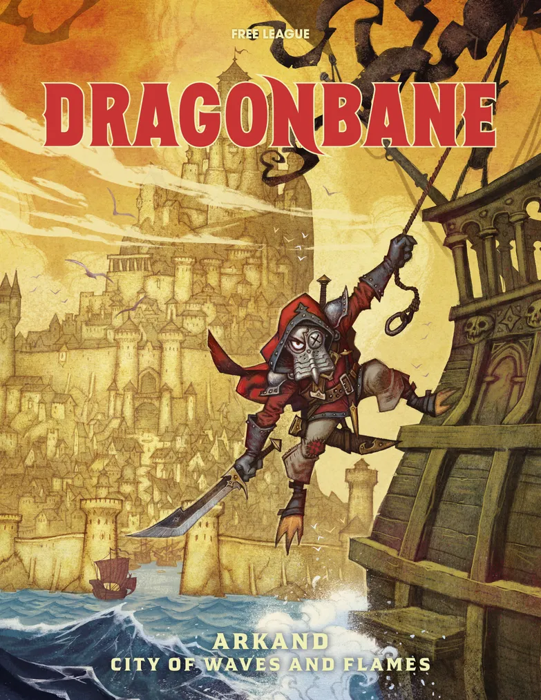 Dragonbane, armored figure leaping from a tower, city and ship below