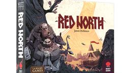 A game box for "Red North" features a stylized illustration of three warriors, including a large bearded figure and a smaller character, set against a backdrop of a Norse-inspired landscape with a tent and a large tree. The title "RED NORTH" is prominently displayed in bold red letters, with the designer's name, James Dickinson, below it. The box also includes the logos for Mighty Boards and La Mame Games.
