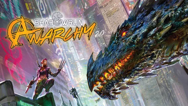 A dynamic illustration features a cyberpunk character with short, vibrant hair and metallic claws, standing confidently on a rooftop amidst a neon-lit cityscape. To the right, a large, menacing dragon with vivid scales and glowing eyes looms, adding a fantastical element to the scene. The title "SHADOWRUN ANARCHY 2.0" is prominently displayed in bold, stylized lettering at the top, emphasizing the game's rebellious theme.