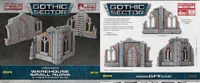 A set of three small warehouse ruins from the Gothic Sector: Castograd terrain pieces, featuring detailed architecture with arched windows and a weathered stone finish. The structures are fully painted and designed for immediate use in tabletop games, showcasing a mix of gray and orange tones. The packaging includes images of the ruins from different angles, emphasizing their intricate design and suitability for 28-35mm scale games.