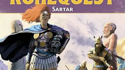 Cover art for Lands of RuneQuest: Sartar. Central figure with red hair, armor, and a blue cloak stands holding a shield with a rune design. Behind, an elderly man in robes and a warrior with spear. Title reads "LANDS OF RUNEQUEST Sartar" with ancient symbols above.