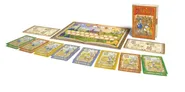 Open game box, illustrated medieval cards, and a colorful board with a castle and path.