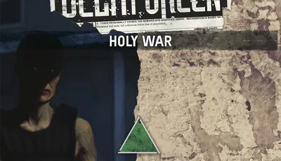 A person in dark clothing holding a firearm, with a blurred face. The background features a textured, worn wall with a green triangular symbol. Above the person, the text "HOLY WAR" is visible. At the top of the image, partially obscured text includes "DELTA GREEN".