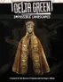 A figure dressed in an ornate, golden cloak stands prominently against a dark background, exuding an air of mystery and authority. The figure's face is partially obscured, with intricate details that suggest a blend of human and otherworldly features. Above the figure, the title "DELTA GREEN IMPOSSIBLE LANDSCAPES" is displayed, emphasizing the connection to the cosmic horror theme of the RPG.
