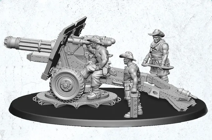 A detailed 3D-rendered miniature scene features a large artillery piece with a prominent barrel, supported by a wheeled base. Three muscular figures, dressed in casual attire and hats, are depicted interacting with the artillery; one is positioned on the cannon, while the others stand nearby, one holding a tool. The entire scene is set on a circular base, showcasing the intricate design of the artillery and the characters.