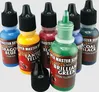 A collection of six paint bottles from the Reaper Master Series Remastered line is displayed, showcasing a variety of vibrant colors. The bottles include shades such as Dragon Blue, Lantern Yellow, Blood Red, Brilliant Green, Coal Black, and a blue variant, each labeled with their respective names and color descriptions. The bottles feature a consistent design with black caps and a prominent label indicating the Reaper Master Series branding.