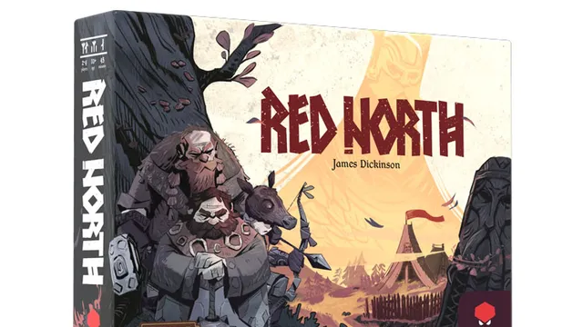 A game box for "Red North" features a stylized illustration of three warriors, including a large bearded figure and a smaller character, set against a backdrop of a Norse-inspired landscape with a tent and a large tree. The title "RED NORTH" is prominently displayed in bold red letters, with the designer's name, James Dickinson, below it. The box also includes the logos for Mighty Boards and La Mame Games.