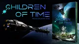 The image features the title "Children of Time: The Roleplaying Game" prominently displayed in bold, futuristic blue letters against a dark background. To the left, a detailed illustration of a colossal ark ship is shown, with intricate designs and a sleek, elongated shape. On the right, the cover of the game book is visible, showcasing vibrant artwork that includes a fantastical landscape with alien flora and fauna, hinting at the themes of evolution and exploration central to the game.