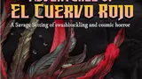 A red and black feathered mask with gold trim and black beading, set against a black background with scattered clear gemstones and water droplets. Text at the top reads: "A Savage Setting of swashbuckling and cosmic horror".