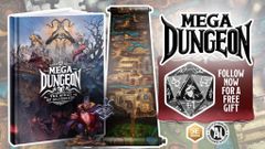 A visually striking cover of a book titled "Mega Dungeon: The Mines of Silverdeep" features a dramatic illustration with various fantasy characters, including a menacing figure and a regal-looking character in the foreground. Beside the book, a detailed scroll map showcases intricate dungeon layouts, while a large, stylized die is positioned in the corner, indicating its relevance to tabletop gaming. The overall composition emphasizes the adventurous and immersive nature of the gaming experience.
