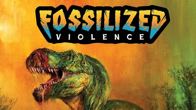 Green dinosaur with open mouth, jungle background, text "Fossilized Violence" above.