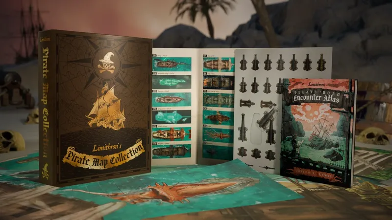 Open book titled "Limithron's Pirate Map Collection" with a gold-embossed pirate ship and compass rose on the cover. Pages display illustrated maps and ship diagrams. A sheet of black plastic ship and cannon pieces is laid out. A book titled "Pirate Encounters" is partially visible. A large map with a sea monster illustration is spread on a wooden surface. A palm tree and sunset background are blurred in the distance.