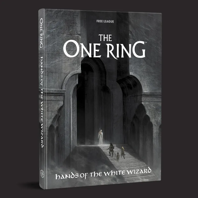 A book titled "Hands of the White Wizard" from The One Ring roleplaying game is prominently displayed against a dark background. The cover features a shadowy, grand architectural setting with large arches and staircases, suggesting a mysterious and ancient location. In the foreground, three figures are depicted ascending the stairs, with one figure in white robes standing at the top, evoking a sense of intrigue and adventure.