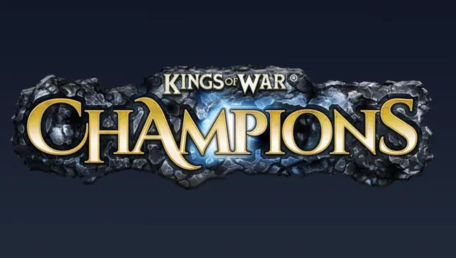 The image features the logo for "Kings of War: Champions," prominently displayed in a bold, stylized font. The word "Champions" is highlighted in a bright yellow color, contrasting against a dark, rocky background that adds a sense of depth and texture. The logo includes the trademark symbol for "Kings of War," indicating its connection to the established game series.