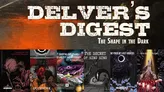 Cracked stone background with bold, distressed text: "Delver’s Digest: The Shape in the Dark". Below, four book covers: 1. Left: "The Pseudo-Razor" with a shadowy figure and glowing eyes. 2. "The Secret of Sing Sing" featuring a dark silhouette and prison bars. 3.