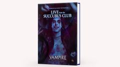 A sourcebook titled "Live from the Succubus Club" for Vampire: the Masquerade is prominently displayed, featuring a vampiric rockstar with striking tattoos and a dramatic expression. The cover is dark and moody, with the title in bold white text at the top and the game title "Vampire: the Masquerade" at the bottom. The overall aesthetic reflects a blend of gothic and rock elements, suitable for the theme of vampiric entertainers.