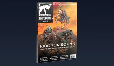 The cover of White Dwarf issue 510 features two mounted warriors from the Lord of the Rings universe, prominently showcasing a Rohirrim rider in vibrant armor and a flowing cape, alongside another figure in a more regal pose. The title "RIDE FOR ROHAN" is boldly displayed at the top, with additional text indicating the issue's focus on the Middle-earth Strategy Battle Game. The background depicts a dramatic landscape, enhancing the epic theme of the magazine. The overall color scheme combines earthy tones with striking highlights, creating an engaging visual for fans of the tabletop gaming hobby.