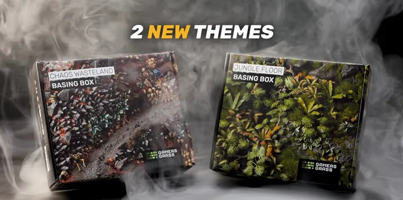 Two boxes labeled "JUNGLE FLOOR BASING BOX" and "CHAOS WASTELAND BASING BOX" with smoke.