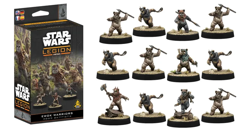 A box for the "Ewok Warriors Unit Expansion" from Star Wars: Legion features vibrant artwork of Ewoks in a forest setting. The box displays five detailed miniature figures of Ewoks, each with unique poses and weapons, including one wielding a spear and another holding a log. The packaging includes multilingual text and the Star Wars: Legion logo prominently featured.