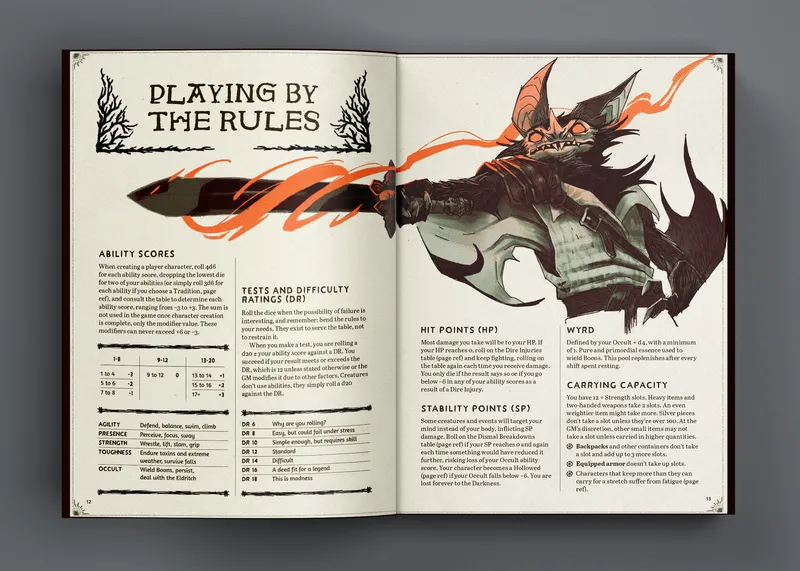 A two-page spread from the Fomoria RPG rulebook features a striking illustration of a creature resembling a goblin or imp, wielding a weapon and exuding an air of mischief. The left page outlines gameplay mechanics, including character creation, tests, and difficulty ratings, with various tables and descriptions. The right page details key player statistics such as Hit Points (HP), Stability Points (SP), Wyrd, and Carrying Capacity, all presented in a visually engaging layout with dark, earthy tones and stylized typography.