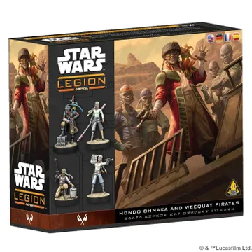 A box set for "Star Wars: Legion" features the Weequay Pirates, prominently displaying the charismatic leader, Captain Hondo Ohnaka, alongside several other miniatures. The box art showcases a rugged desert landscape with the pirates depicted in various poses, emphasizing their mercenary nature. The title "Hondo Ohnaka and Weequay Pirates" is featured prominently, along with the game's logo.