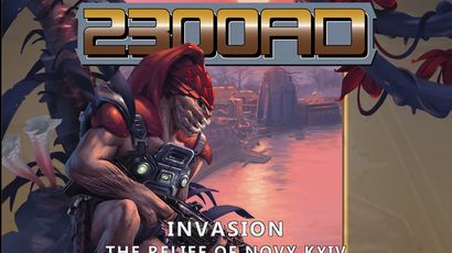 A humanoid alien with red skin and a distinctive crest is prominently featured, holding a futuristic weapon. The background depicts a sunset over a futuristic cityscape, hinting at a conflict zone. The title "2300AD" is displayed at the top, with the subtitle "INVASION: THE RELIEF OF NOVY KYIV" below, emphasizing the theme of the campaign.