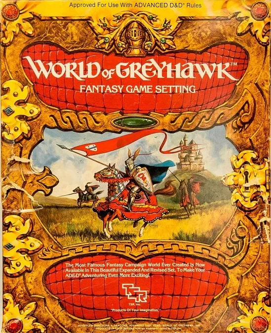 The cover of "World of Greyhawk" features a vibrant illustration of a knight on horseback, adorned in colorful armor, holding a banner with a red and white design. In the background, a castle is visible on a hill, while other figures on horseback can be seen in the distance, set against a lush green landscape. The title "World of Greyhawk™ Fantasy Game Setting" is prominently displayed at the top, framed by ornate golden borders.