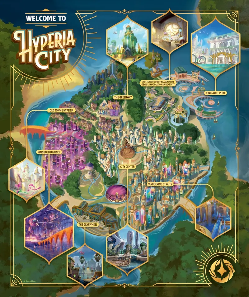 Fantasy map of Hyper City with labeled districts and landmarks.
