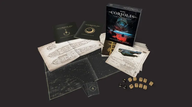 A collection of tabletop roleplaying game materials for "Coriolis: The Great Dark - The Flowers of Algorab" is displayed against a dark background. The central box features vibrant artwork depicting a cosmic scene. Surrounding the box are various components, including a campaign book, an expedition booklet, large maps of Lost Horizon and Ship City, detailed blueprints of ships, and a set of dice, some with intricate designs. The materials emphasize exploration and intrigue within the game.