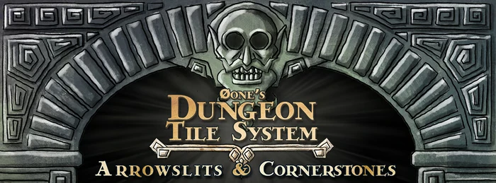 Dungeon Tile System - Arrowslits & Cornerstones logo showing a skull as the keystone in a dwarven stone archway.