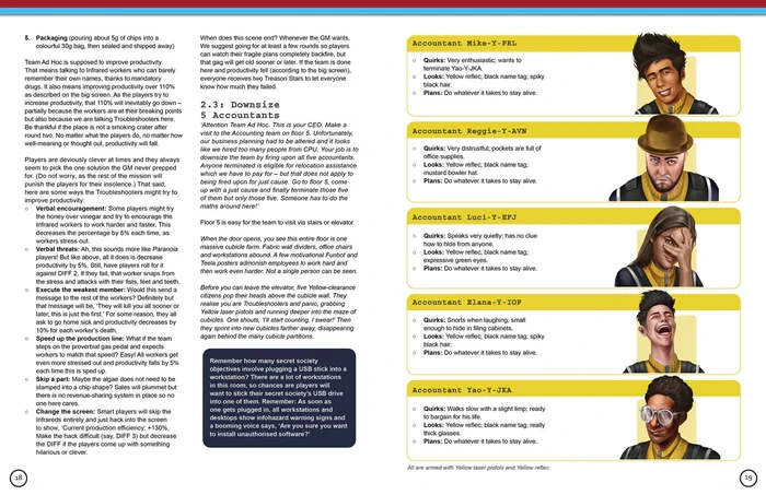 Two page spread discussing Accountants and showing off the Accountants NPC cards