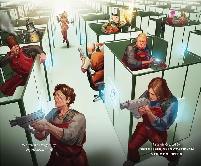 Mandatory Fun Front Cover Office cubicles with worker looking over the top and seeing two red troubleshooters brandising weapons on the hunt for something