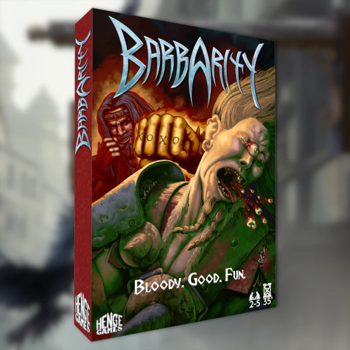 The image features the box art for the card game "Barbarity" by Henge Games. The artwork showcases a muscular barbarian with a fierce expression, blood dripping from his mouth, and an exaggeratedly large fist in the foreground, suggesting a violent confrontation. The title "BARBARITY" is prominently displayed in a stylized font at the top, while the tagline "Bloody. Good. Fun." is featured at the bottom. The color palette includes dark tones with splashes of red, enhancing the game's theme of chaotic combat. The overall design evokes a sense of humor and fantasy, appealing to fans of the genre.