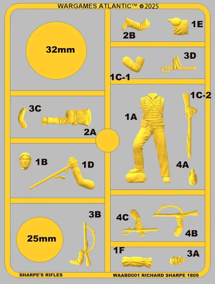 A sprue featuring various components for a Richard Sharpe miniature from Wargames Atlantic's "Sharpe's Rifles" game. The parts include a detailed figure of Sharpe in military attire, alternative arms, heads, and weapons, all rendered in yellow plastic. The sprue is labeled with identifiers for each piece, indicating options for customization in both 28mm and 54mm scales.