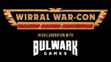 The image features the title "Corral War-Con: Tabletop Gaming Convention" prominently displayed in bold, stylized lettering. Below it, the phrase "IN COLLABORATION WITH" is written in a smaller font, leading to the name "BULWARK GAMES," which is also presented in a bold, distinctive style. The background is black, enhancing the visibility of the text, with the convention title highlighted in red and gold accents.