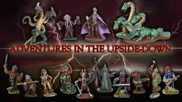 A collection of 14 miniatures from the "Adventures in the Upside-Down" set is displayed against a dramatic, stormy background with lightning. The miniatures include various fantasy characters such as a three-headed creature, a skeletal figure in a purple cloak, and a green dragon-like creature, alongside adventurers like a dwarf and a ranger. The title "ADVENTURES IN THE UPSIDE-DOWN" is prominently featured in bold red letters at the center of the image.