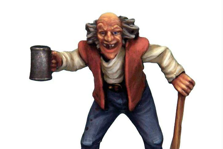 A detailed miniature figure of a grinning, elderly tavern patron, holding a metal mug in one hand and a wooden staff in the other. He wears a white shirt, a red vest, and blue trousers, with wild gray hair framing his face. The figure captures a lively and mischievous character, embodying the spirit of a fantasy tavern setting.
