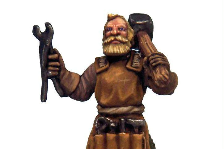 A detailed miniature figure of a bearded blacksmith, holding a wrench in one hand and a hammer in the other. He is dressed in a brown tunic with a tool belt, showcasing various tools. The figure has a rugged appearance, with a determined expression, embodying the essence of a fantasy tavern character.