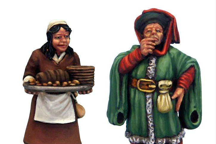 A miniature figure of a woman in a brown dress and white apron holds a tray filled with loaves of bread, smiling as she stands on the left. Beside her, a man in a colorful green cloak and red hat raises a cup to his lips, wearing a sly expression. Both figures are intricately detailed, showcasing the vibrant colors and textures typical of fantasy tavern patrons.