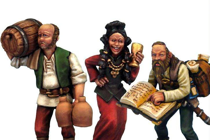 Three detailed miniatures are depicted, representing characters typically found in a fantasy tavern. On the left, a man carries a large barrel and two jugs, wearing a simple tunic and trousers. In the center, a woman in a vibrant red dress holds a goblet and smiles, adorned with jewelry. On the right, a bearded man with a backpack is reading from an open book, dressed in a light shirt and trousers.